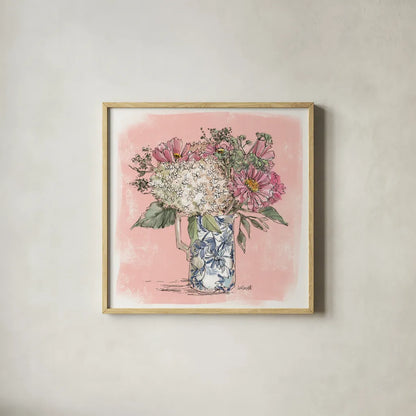 Hydrangea in Pitcher by Anne Tavoletti. Shown in a natural wood glass frame for a timeless modern aesthetic. Available as an archival giclee rolled canvas, fine art paper, or poster print. SKU 100595a.