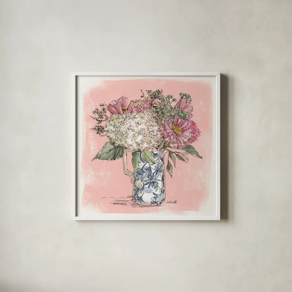 Hydrangea in Pitcher by Anne Tavoletti. Shown in a crisp white glass frame for a clean and minimalist style. Available as an archival giclee rolled canvas, fine art paper, or poster print. SKU 100595a.