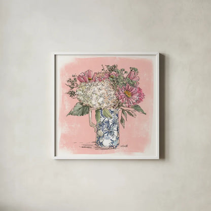 Hydrangea in Pitcher by Anne Tavoletti. Shown in a crisp white glass frame for a clean and minimalist style. Available as an archival giclee rolled canvas, fine art paper, or poster print. SKU 100595a.