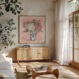 Hydrangea in Pitcher by Anne Tavoletti. Shown in a natural wood frame in a cozy modern living room. Available as an archival giclee rolled canvas, fine art paper, or poster print. SKU 100595a.
