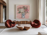 Hydrangea in Pitcher by Anne Tavoletti. Shown as extra-large giant wall art in a modern living room. Available as an archival giclee rolled canvas, fine art paper, or poster print. SKU 100595a.