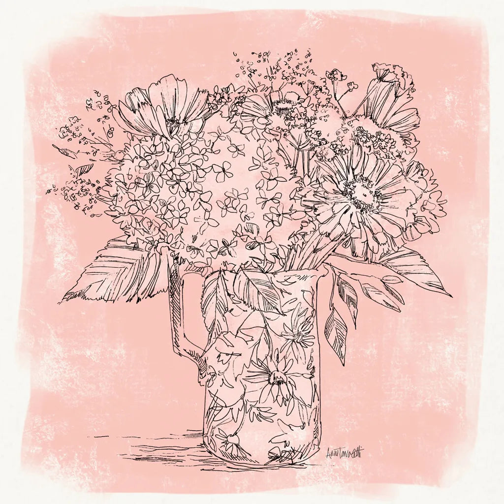 Hydrangea in Pitcher Sketch by Anne Tavoletti. SKU 100596a. Archival Giclee Fine art print for wall decor.