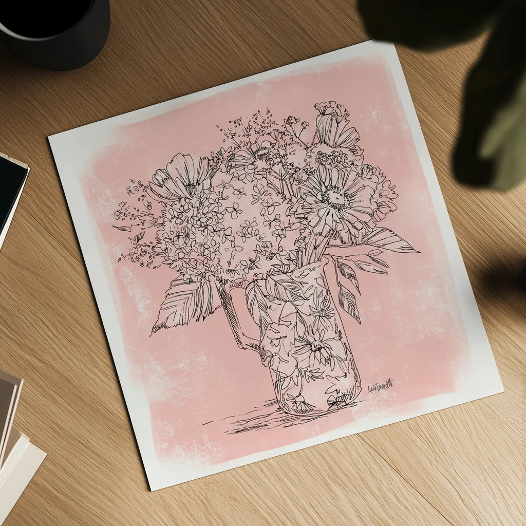 Hydrangea in Pitcher Sketch by Anne Tavoletti. Shown as a detailed flat fine art print, highlighting archival giclee quality. Available as an archival giclee rolled canvas, fine art paper, or poster print. SKU 100596a.