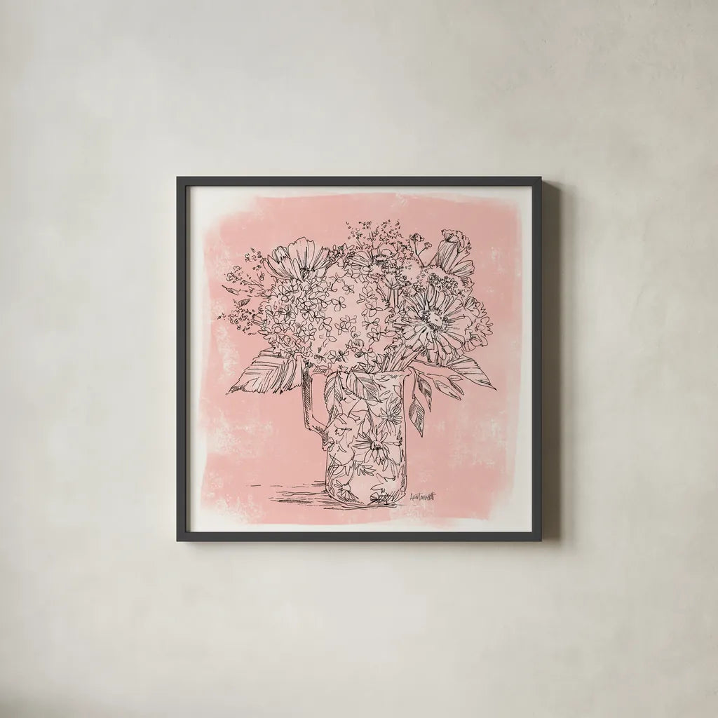 Hydrangea in Pitcher Sketch by Anne Tavoletti. Shown in a sleek black glass frame for a contemporary gallery look. Available as an archival giclee rolled canvas, fine art paper, or poster print. SKU 100596a.