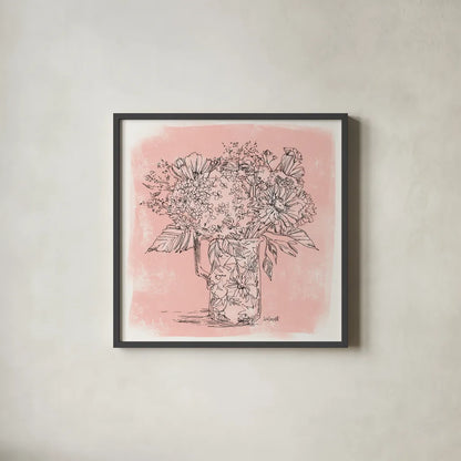 Hydrangea in Pitcher Sketch by Anne Tavoletti. Shown in a sleek black glass frame for a contemporary gallery look. Available as an archival giclee rolled canvas, fine art paper, or poster print. SKU 100596a.