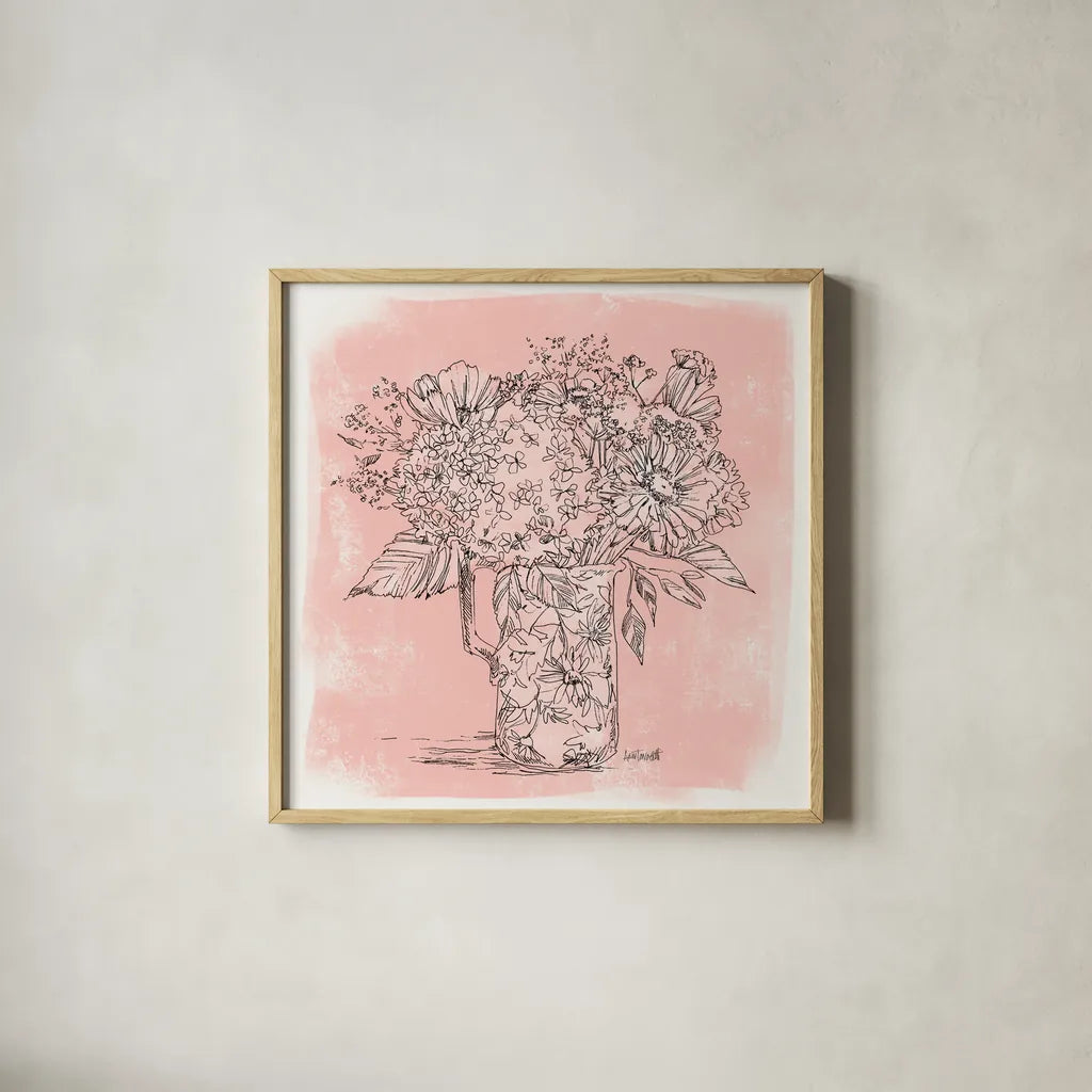 Hydrangea in Pitcher Sketch by Anne Tavoletti. Shown in a natural wood glass frame for a timeless modern aesthetic. Available as an archival giclee rolled canvas, fine art paper, or poster print. SKU 100596a.