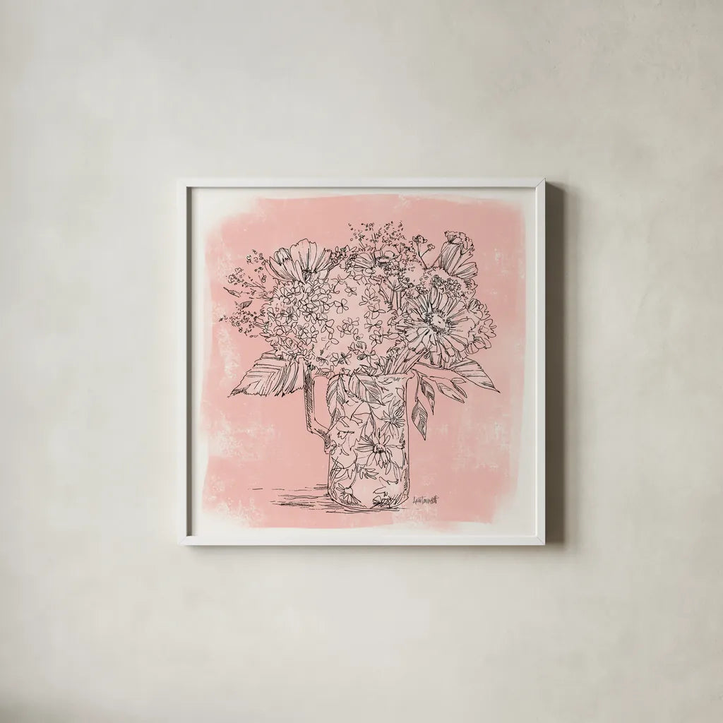 Hydrangea in Pitcher Sketch by Anne Tavoletti. Shown in a crisp white glass frame for a clean and minimalist style. Available as an archival giclee rolled canvas, fine art paper, or poster print. SKU 100596a.