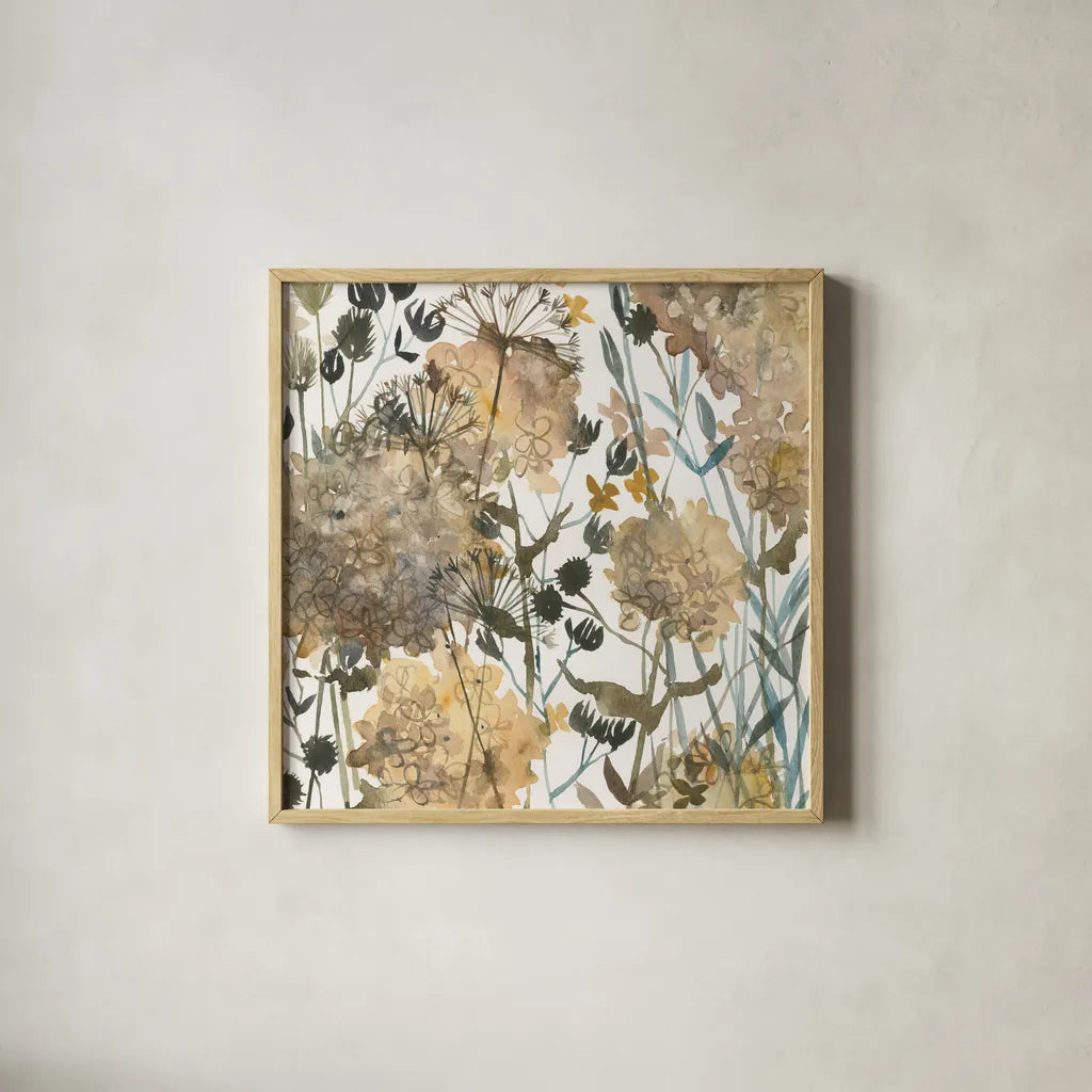 January Flowers by Anne Tavoletti. Shown in a natural wood glass frame for a timeless modern aesthetic. Available as an archival giclee rolled canvas, fine art paper, or poster print. SKU 59345a.