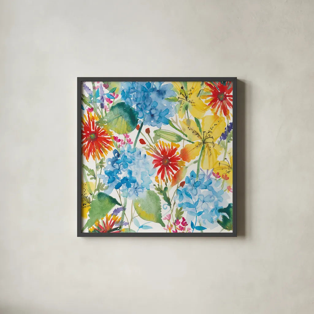 July Flowers by Anne Tavoletti. Shown in a sleek black glass frame for a contemporary gallery look. Available as an archival giclee rolled canvas, fine art paper, or poster print. SKU 59346a.