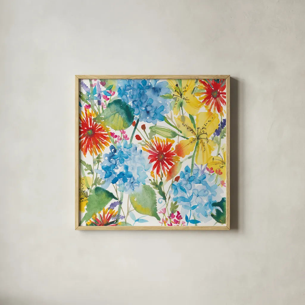 July Flowers by Anne Tavoletti. Shown in a natural wood glass frame for a timeless modern aesthetic. Available as an archival giclee rolled canvas, fine art paper, or poster print. SKU 59346a.
