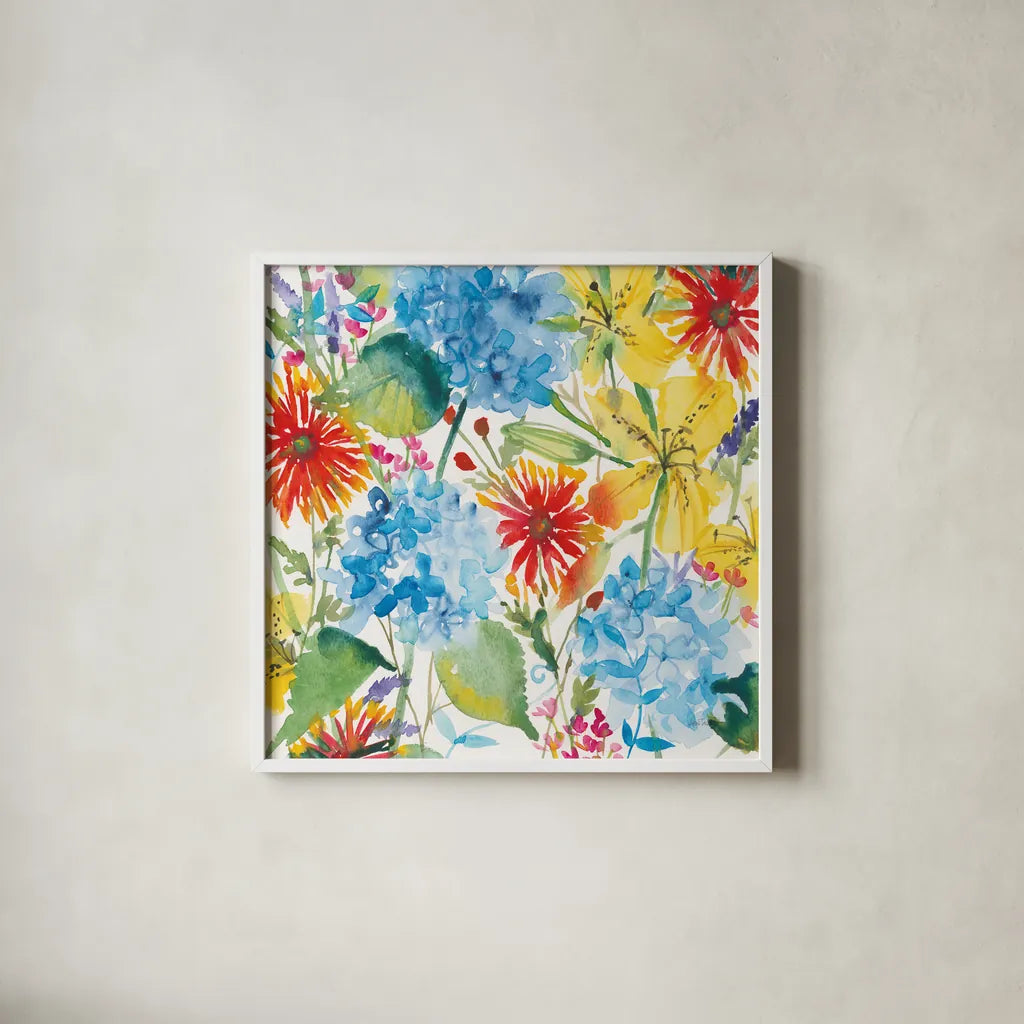 July Flowers by Anne Tavoletti. Shown in a crisp white glass frame for a clean and minimalist style. Available as an archival giclee rolled canvas, fine art paper, or poster print. SKU 59346a.