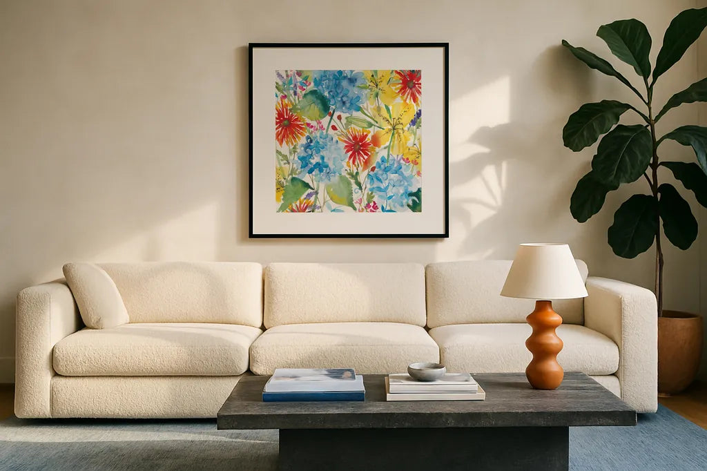 July Flowers by Anne Tavoletti. Displayed in a glass frame with matte in a clean modern living room. Available as an archival giclee rolled canvas, fine art paper, or poster print. SKU 59346a.