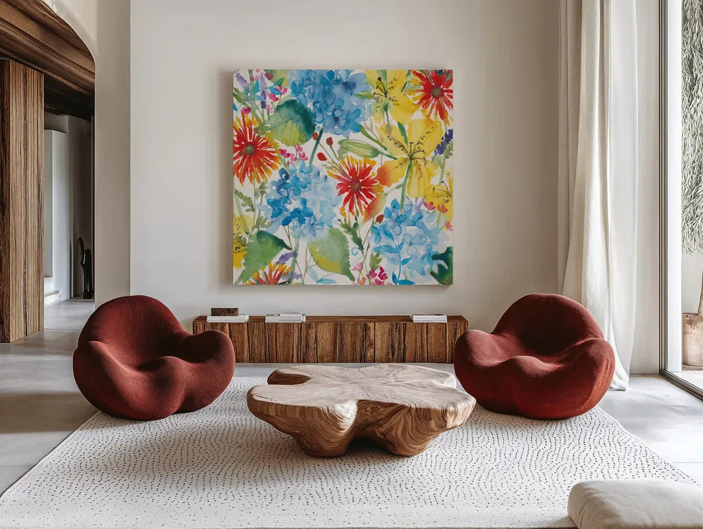 July Flowers by Anne Tavoletti. Shown as extra-large giant wall art in a modern living room. Available as an archival giclee rolled canvas, fine art paper, or poster print. SKU 59346a.