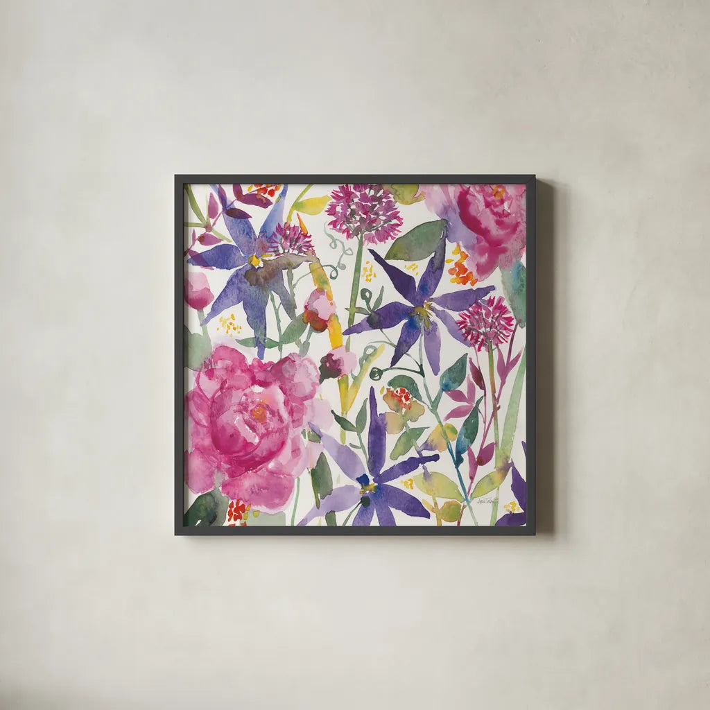 June Flowers by Anne Tavoletti. Shown in a sleek black glass frame for a contemporary gallery look. Available as an archival giclee rolled canvas, fine art paper, or poster print. SKU 59347a.