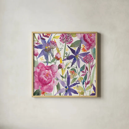 June Flowers by Anne Tavoletti. Shown in a natural wood glass frame for a timeless modern aesthetic. Available as an archival giclee rolled canvas, fine art paper, or poster print. SKU 59347a.