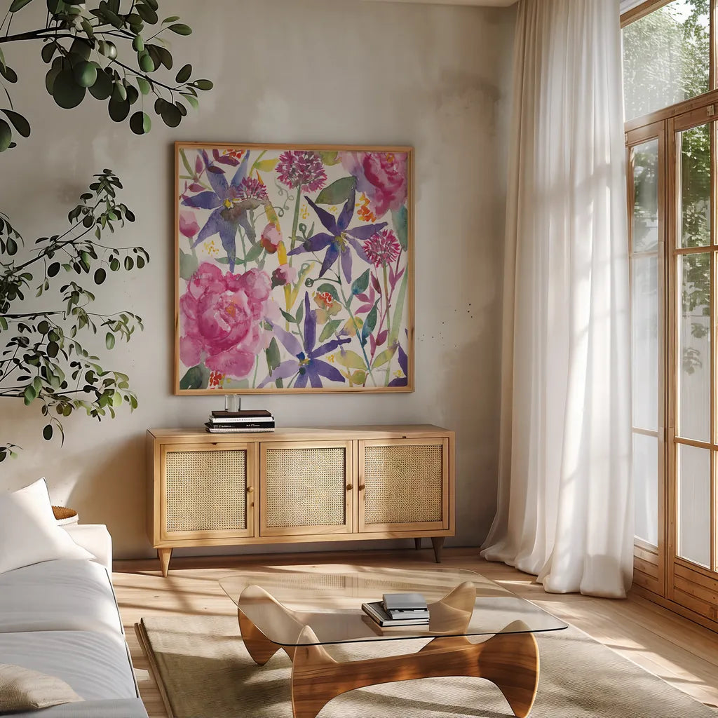 June Flowers by Anne Tavoletti. Shown in a natural wood frame in a cozy modern living room. Available as an archival giclee rolled canvas, fine art paper, or poster print. SKU 59347a.