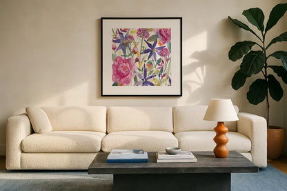 June Flowers by Anne Tavoletti. Displayed in a glass frame with matte in a clean modern living room. Available as an archival giclee rolled canvas, fine art paper, or poster print. SKU 59347a.