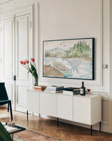 Lakehouse I by Anne Tavoletti. shown as a framed stretched canvas in a living room above a console. Available as a archival giclee rolled canvas, fine art paper, or poster print. SKU 24223i.