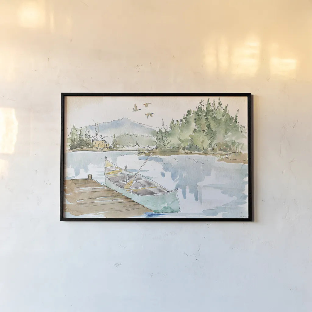 Lakehouse I by Anne Tavoletti. shown as a paper print in a black flame. Available as a archival giclee rolled canvas, fine art paper, or poster print. SKU 24223i.