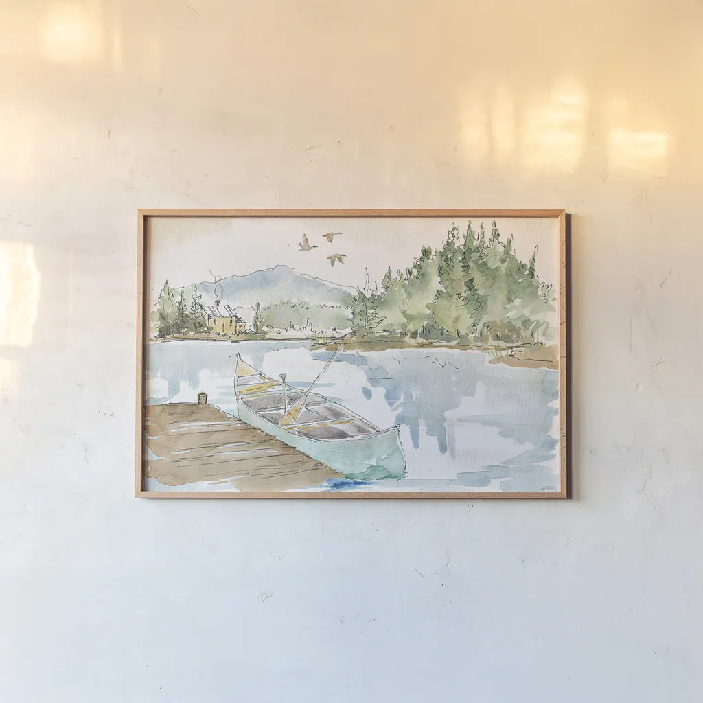 Lakehouse I by Anne Tavoletti. shown as a paper print in a natural frame. Available as a archival giclee rolled canvas, fine art paper, or poster print. SKU 24223i.