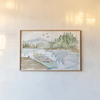 Lakehouse I by Anne Tavoletti. shown as a paper print in a natural frame. Available as a archival giclee rolled canvas, fine art paper, or poster print. SKU 24223i.