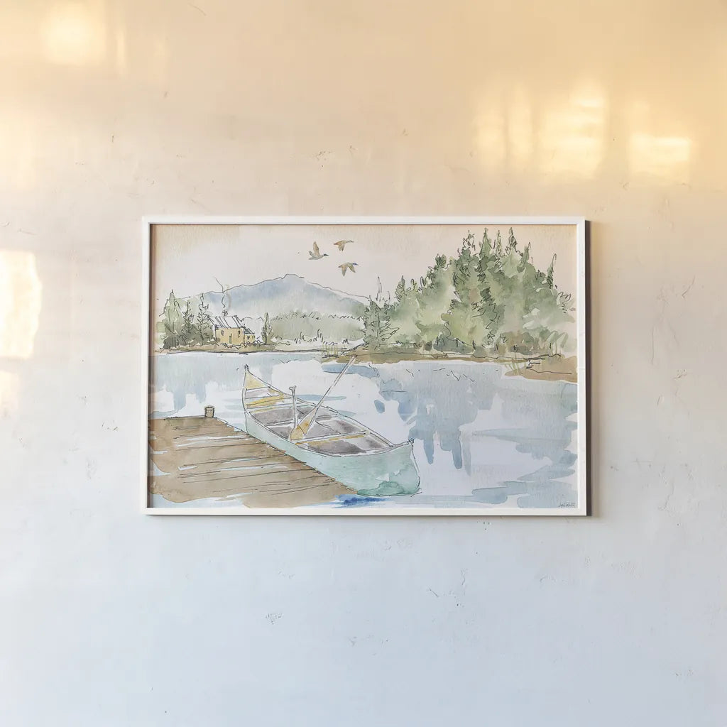 Lakehouse I by Anne Tavoletti. shown as a paper print in a white frame. Available as a archival giclee rolled canvas, fine art paper, or poster print. SKU 24223i.