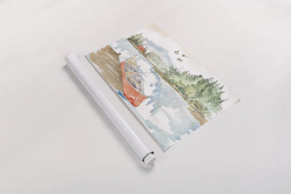 Lakehouse I Red by Anne Tavoletti. shown as a rolled paper print. Available as archival giclee rolled canvas, fine art paper, or poster print. SKU 27077i.