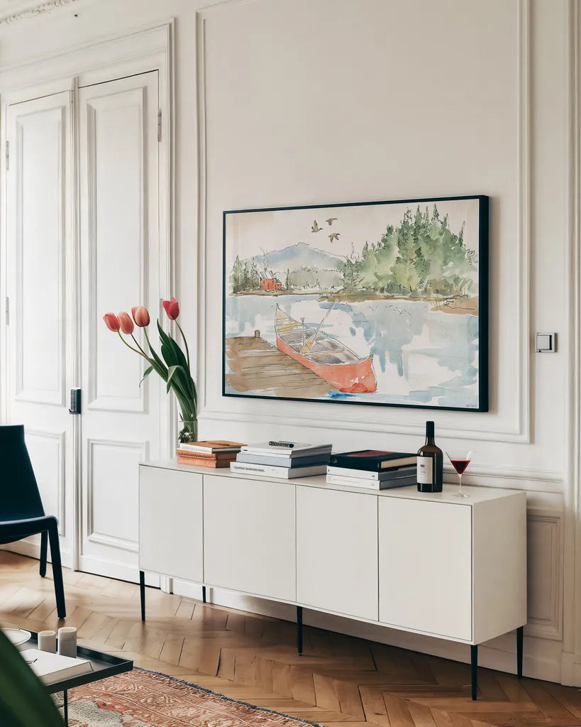 Lakehouse I Red by Anne Tavoletti. shown as a framed stretched canvas in a living room above a console. Available as a archival giclee rolled canvas, fine art paper, or poster print. SKU 27077i.