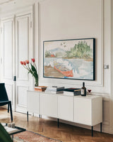 Lakehouse I Red by Anne Tavoletti. shown as a framed stretched canvas in a living room above a console. Available as a archival giclee rolled canvas, fine art paper, or poster print. SKU 27077i.