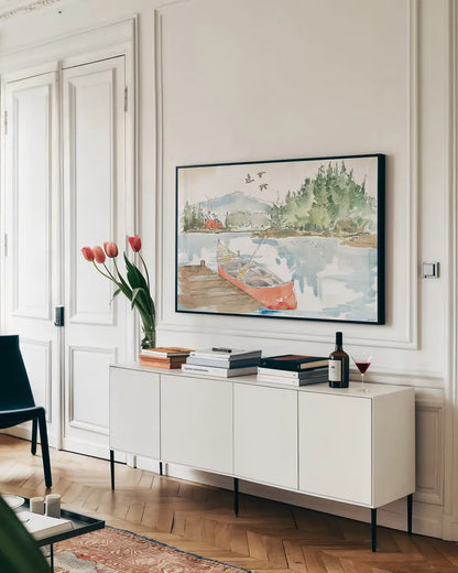 Lakehouse I Red by Anne Tavoletti. shown as a framed stretched canvas in a living room above a console. Available as a archival giclee rolled canvas, fine art paper, or poster print. SKU 27077i.