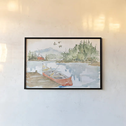 Lakehouse I Red by Anne Tavoletti. shown as a paper print in a black flame. Available as a archival giclee rolled canvas, fine art paper, or poster print. SKU 27077i.