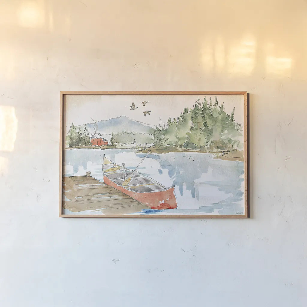 Lakehouse I Red by Anne Tavoletti. shown as a paper print in a natural frame. Available as a archival giclee rolled canvas, fine art paper, or poster print. SKU 27077i.