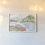 Lakehouse I Red by Anne Tavoletti. shown as a paper print in a white frame. Available as a archival giclee rolled canvas, fine art paper, or poster print. SKU 27077i.