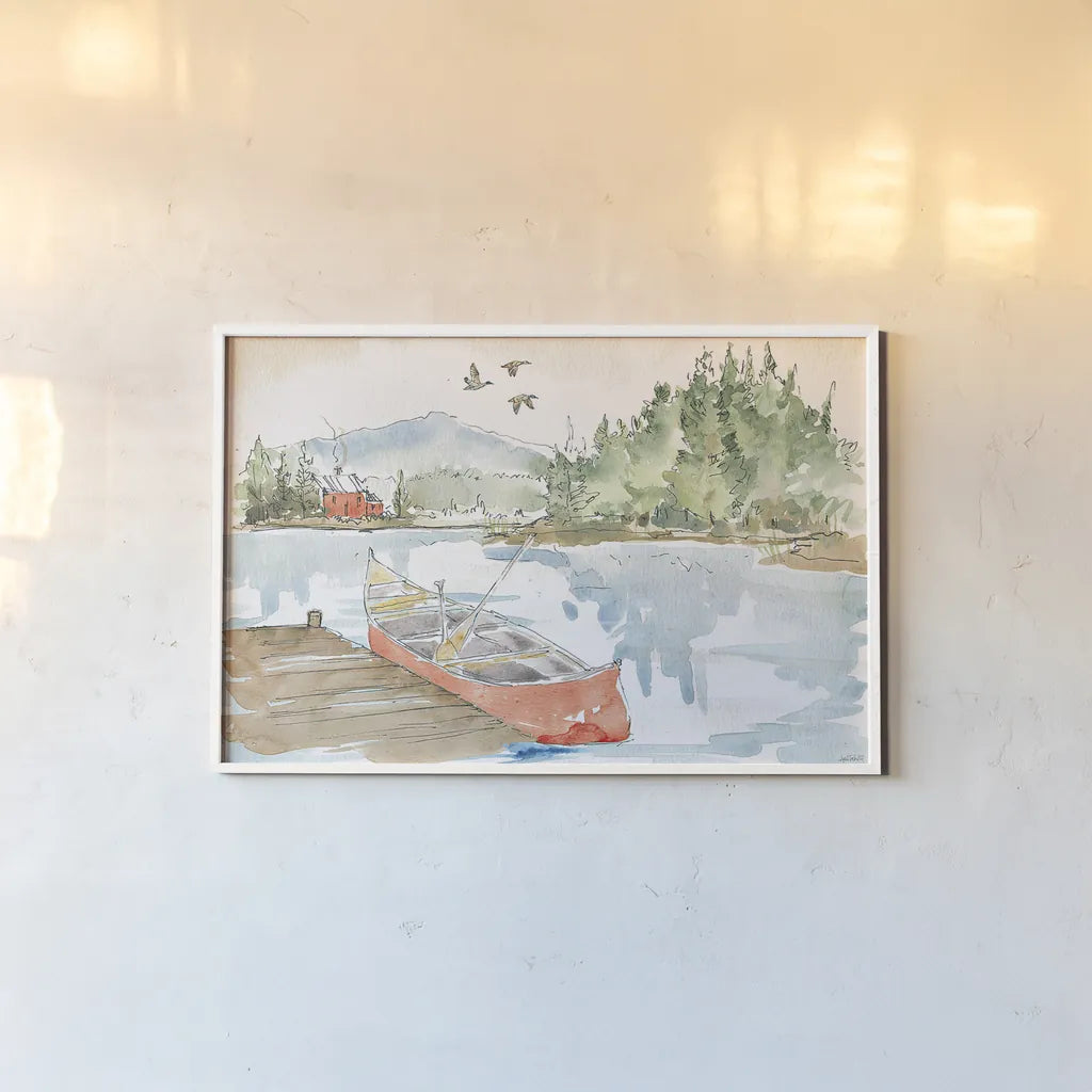 Lakehouse I Red by Anne Tavoletti. shown as a paper print in a white frame. Available as a archival giclee rolled canvas, fine art paper, or poster print. SKU 27077i.