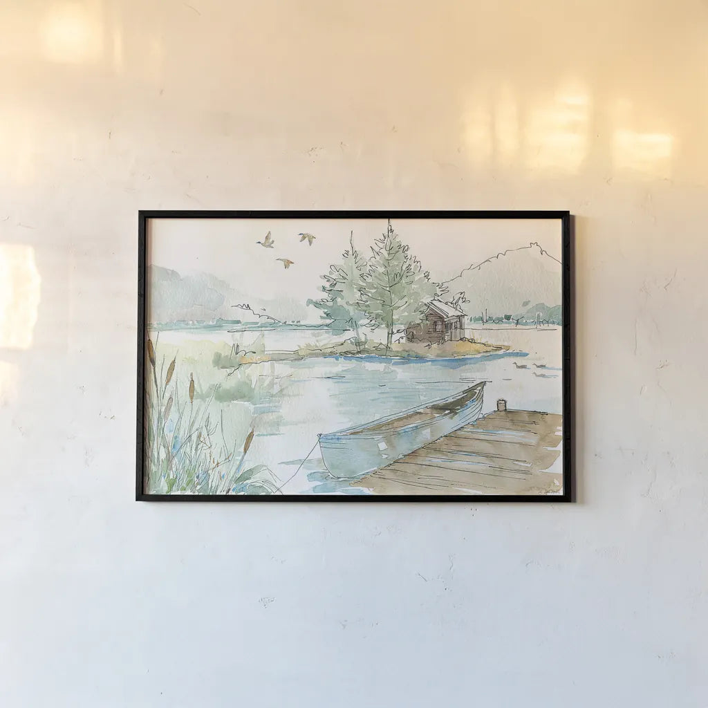 Lakehouse II by Anne Tavoletti. shown as a paper print in a black flame. Available as a archival giclee rolled canvas, fine art paper, or poster print. SKU 24224i.