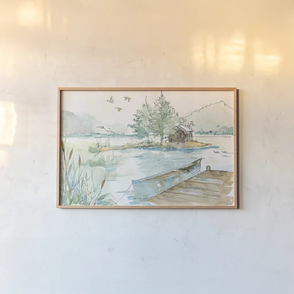 Lakehouse II by Anne Tavoletti. shown as a paper print in a natural frame. Available as a archival giclee rolled canvas, fine art paper, or poster print. SKU 24224i.