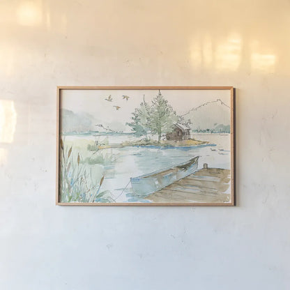 Lakehouse II by Anne Tavoletti. shown as a paper print in a natural frame. Available as a archival giclee rolled canvas, fine art paper, or poster print. SKU 24224i.