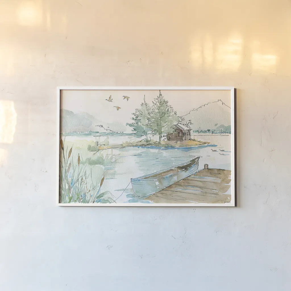 Lakehouse II by Anne Tavoletti. shown as a paper print in a white frame. Available as a archival giclee rolled canvas, fine art paper, or poster print. SKU 24224i.