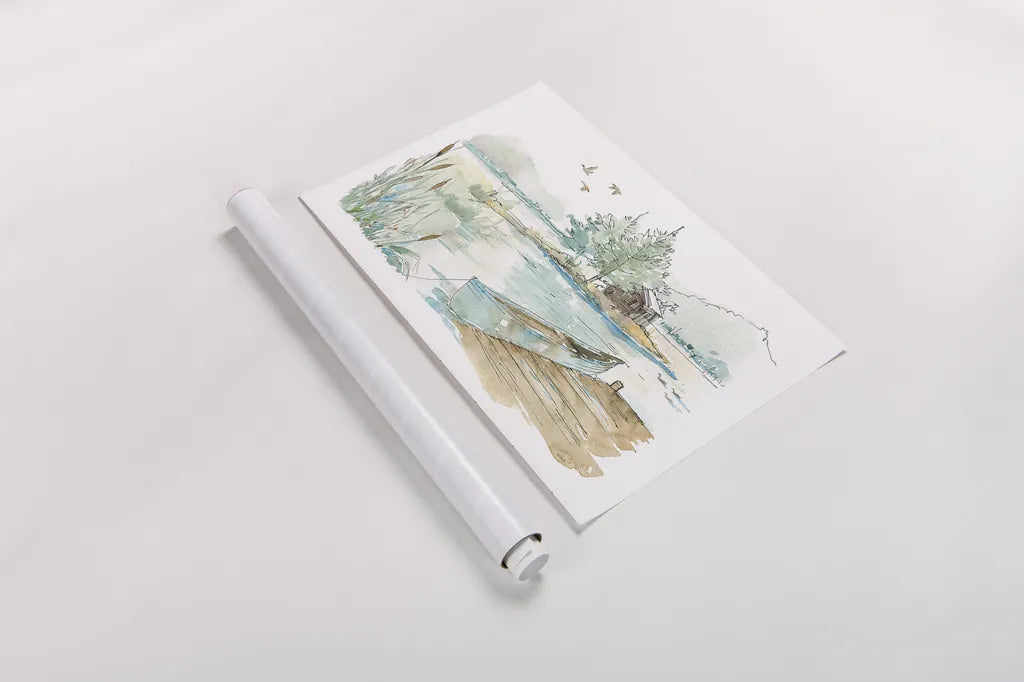 Lakehouse II on White by Anne Tavoletti. shown as a rolled paper print. Available as archival giclee rolled canvas, fine art paper, or poster print. SKU 24517i.