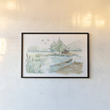 Lakehouse II on White by Anne Tavoletti. shown as a paper print in a black flame. Available as a archival giclee rolled canvas, fine art paper, or poster print. SKU 24517i.