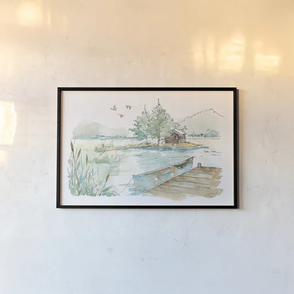 Lakehouse II on White by Anne Tavoletti. shown as a paper print in a black flame. Available as a archival giclee rolled canvas, fine art paper, or poster print. SKU 24517i.