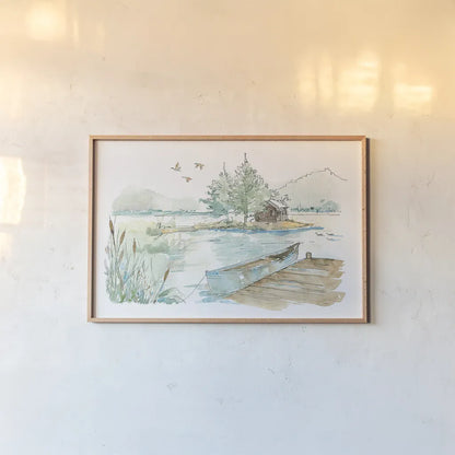 Lakehouse II on White by Anne Tavoletti. shown as a paper print in a natural frame. Available as a archival giclee rolled canvas, fine art paper, or poster print. SKU 24517i.