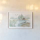 Lakehouse II on White by Anne Tavoletti. shown as a paper print in a white frame. Available as a archival giclee rolled canvas, fine art paper, or poster print. SKU 24517i.