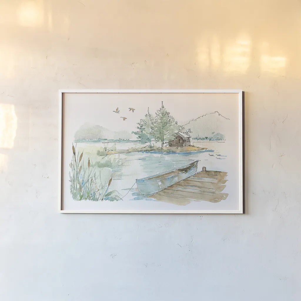 Lakehouse II on White by Anne Tavoletti. shown as a paper print in a white frame. Available as a archival giclee rolled canvas, fine art paper, or poster print. SKU 24517i.