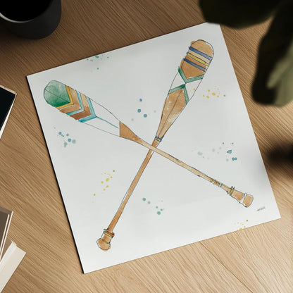 Lakehouse Oars by Anne Tavoletti. Shown as a detailed flat fine art print, highlighting archival giclee quality. Available as an archival giclee rolled canvas, fine art paper, or poster print. SKU 51932a.