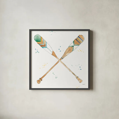 Lakehouse Oars by Anne Tavoletti. Shown in a sleek black glass frame for a contemporary gallery look. Available as an archival giclee rolled canvas, fine art paper, or poster print. SKU 51932a.
