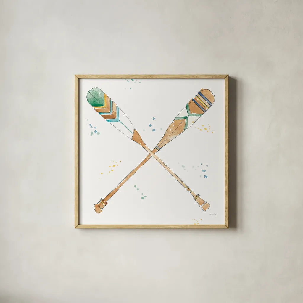 Lakehouse Oars by Anne Tavoletti. Shown in a natural wood glass frame for a timeless modern aesthetic. Available as an archival giclee rolled canvas, fine art paper, or poster print. SKU 51932a.