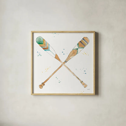 Lakehouse Oars by Anne Tavoletti. Shown in a natural wood glass frame for a timeless modern aesthetic. Available as an archival giclee rolled canvas, fine art paper, or poster print. SKU 51932a.