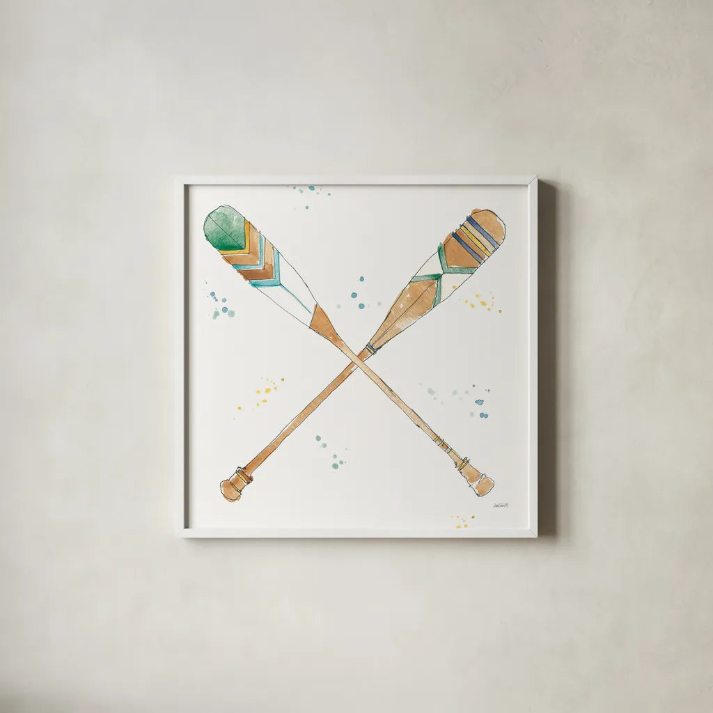 Lakehouse Oars by Anne Tavoletti. Shown in a crisp white glass frame for a clean and minimalist style. Available as an archival giclee rolled canvas, fine art paper, or poster print. SKU 51932a.