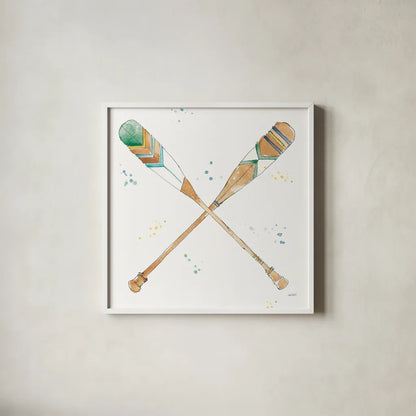Lakehouse Oars by Anne Tavoletti. Shown in a crisp white glass frame for a clean and minimalist style. Available as an archival giclee rolled canvas, fine art paper, or poster print. SKU 51932a.